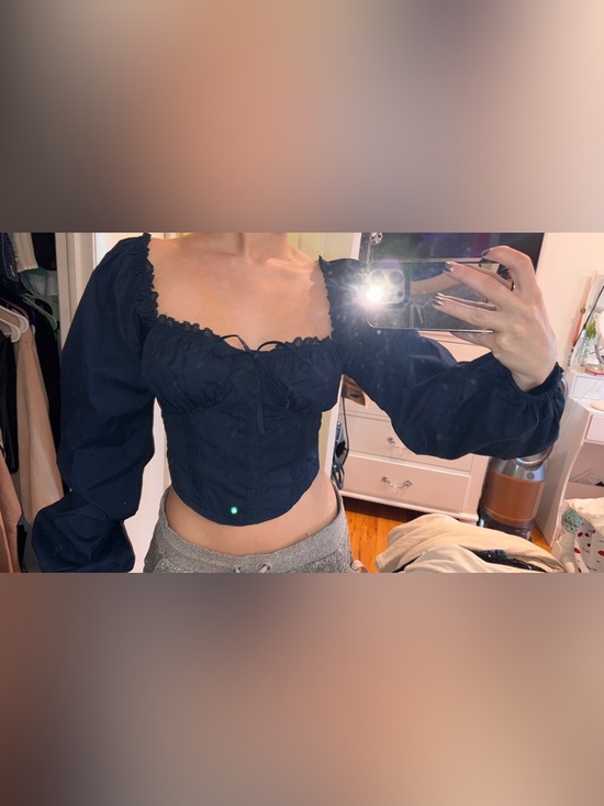 Le Lis Tops - Le Lis navy Lace-Trim corset balloon sleeves